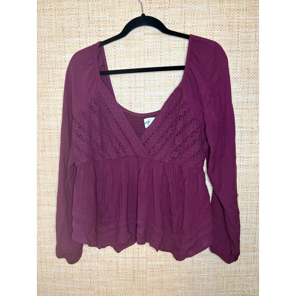 Hollister Burgundy Crochet Lace Smocked‎ Back Babydoll Top XL Long Sleeve Plum